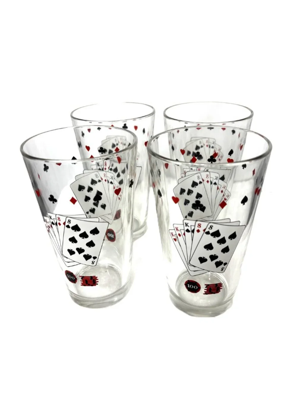 VTG Barware Set of 4 Beer Glasses Full House Playing Cards  w/ Poker Chips